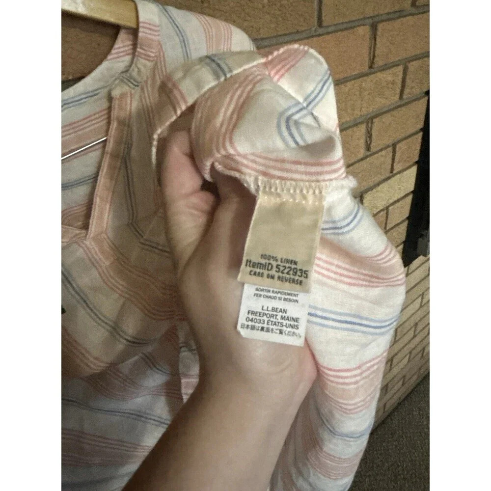 NWT L.L. Bean Women's Premium Linen Shirt Splitneck Stripe Sunrise Pink - Picture 5 of 8